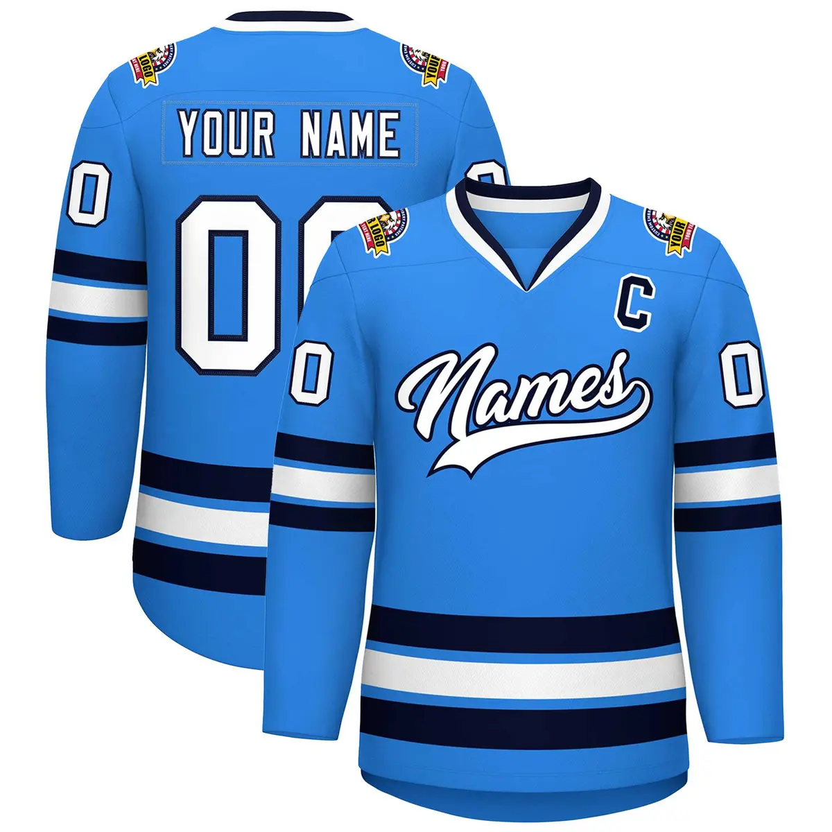 Powder Blue White-Navy Classic Style Hockey Jersey