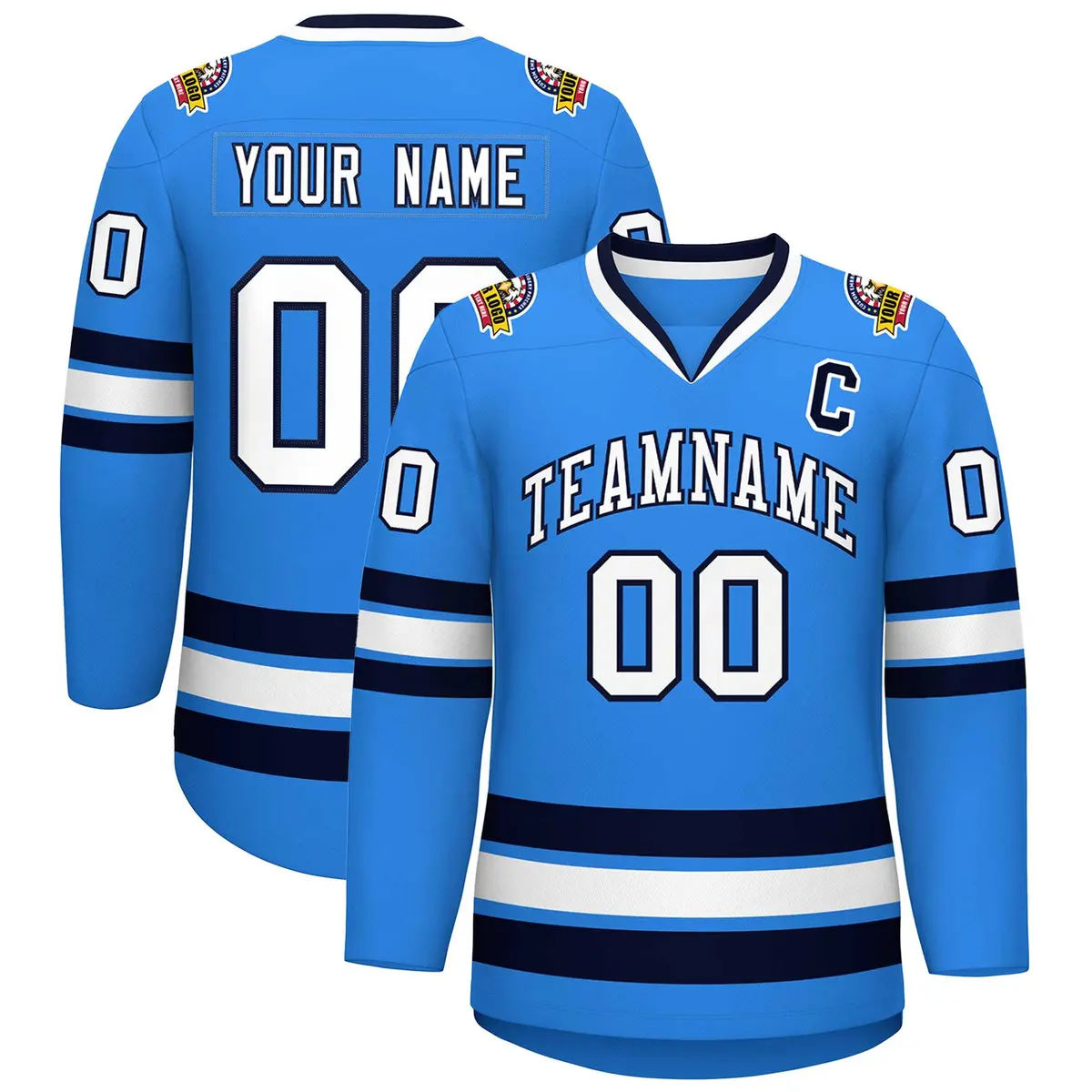 Powder Blue White-Navy Classic Style Hockey Jersey