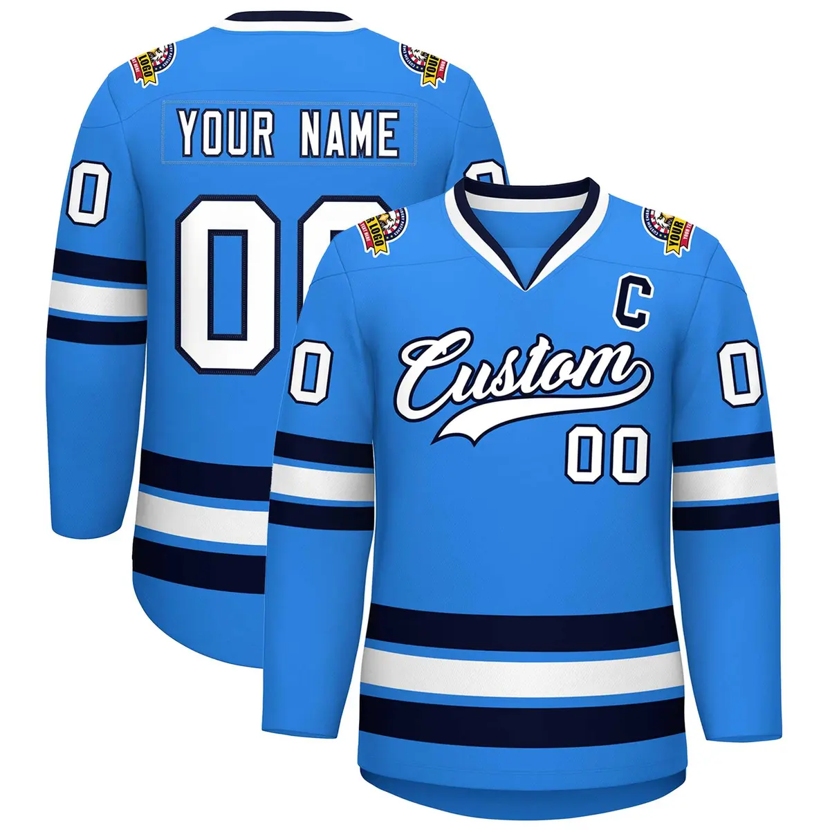 Powder Blue White-Navy Classic Style Hockey Jersey