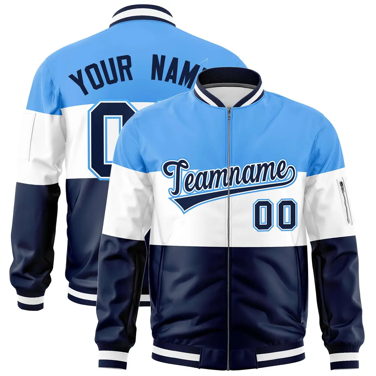 Powder Blue White-Navy Color Block Full-Zip Varsity Letterman Bomber Jacket