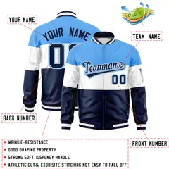 Powder Blue White-Navy Color Block Full-Zip Varsity Letterman Bomber Jacket 2
