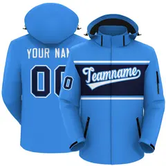 Powder Blue White Navy Color Block Hooded Waterproof Jacket