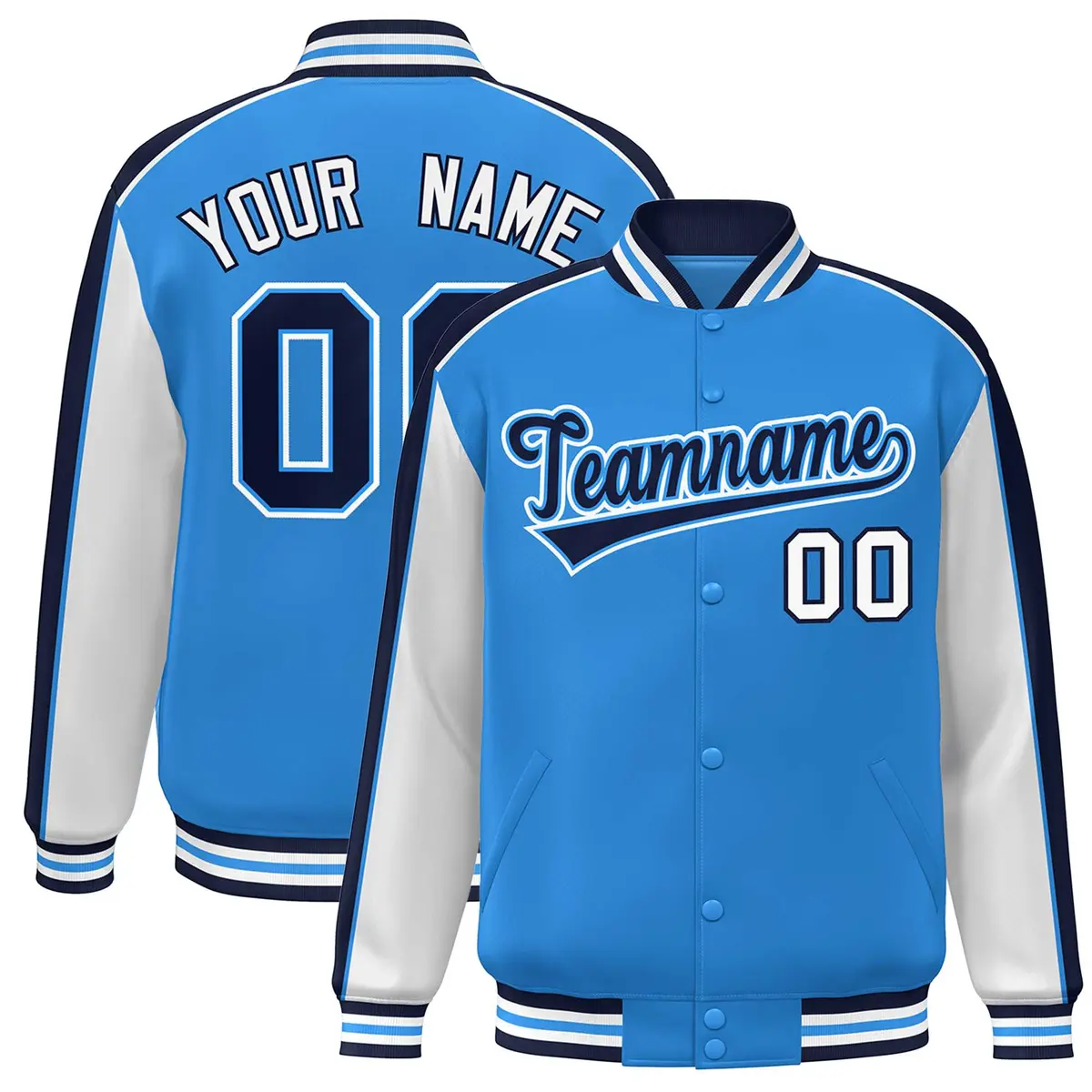 Powder Blue White-Navy Color Block Varsity Bomber Baseball Jacket