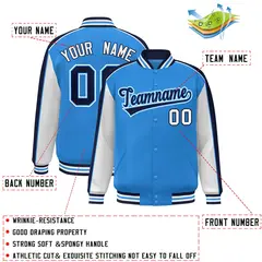 Powder Blue White-Navy Color Block Varsity Bomber Baseball Jacket 2
