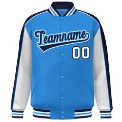 Powder Blue White-Navy Color Block Varsity Bomber Baseball Jacket 3