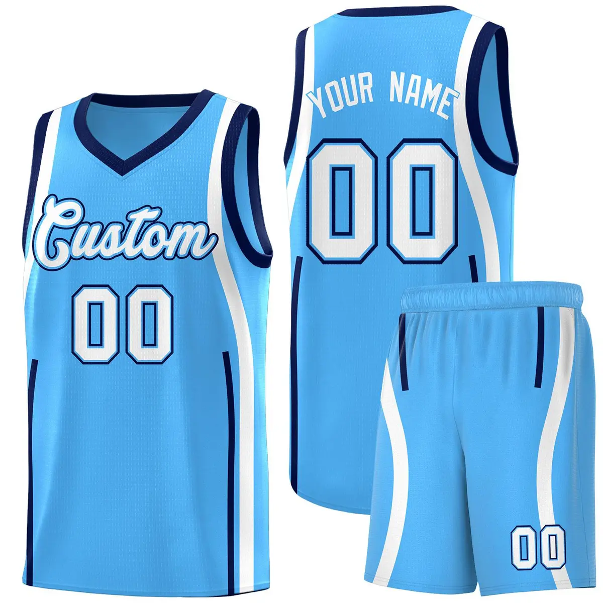 Powder Blue White-Navy Ribbon Pattern Basketball Kits