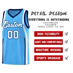 Powder Blue White-Navy Ribbon Pattern Basketball Kits 2