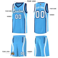 Powder Blue White-Navy Ribbon Pattern Basketball Kits 5