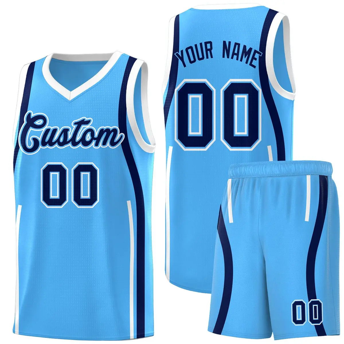 Powder Blue White-Navy Ribbon Pattern Basketball Kits