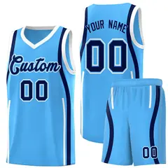 Powder Blue White-Navy Ribbon Pattern Basketball Kits 1