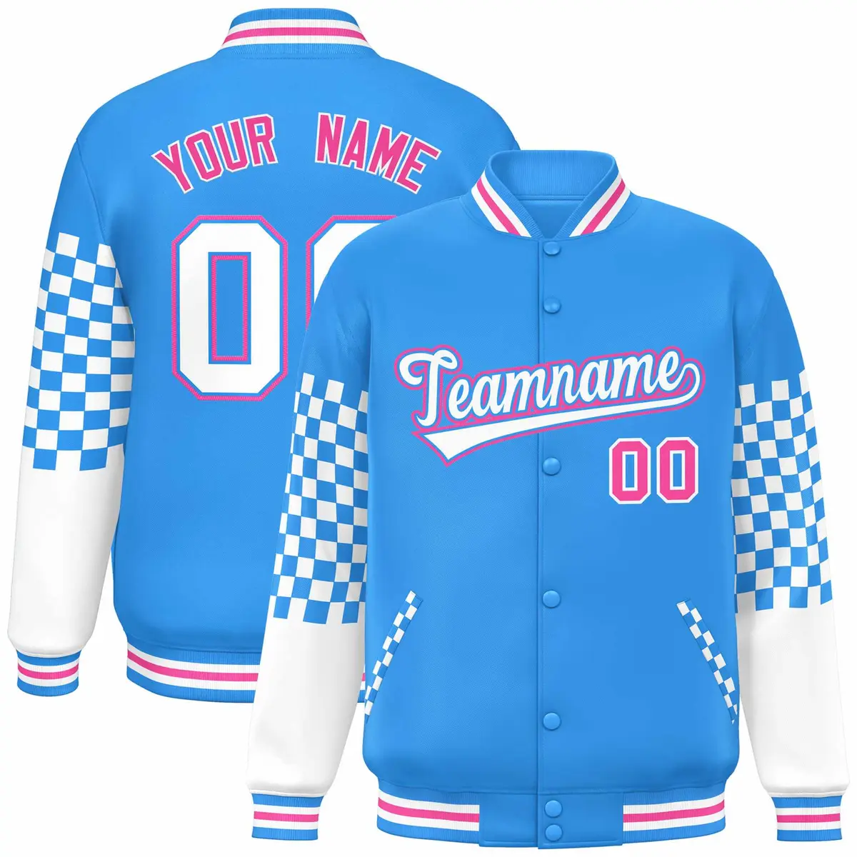 Powder Blue White-Pink Checkered Color Block Bomber Varsity Jacket
