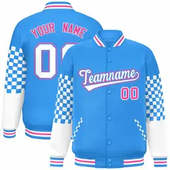 Powder Blue White-Pink Checkered Color Block Bomber Varsity Jacket