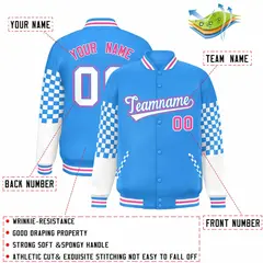 Powder Blue White-Pink Checkered Color Block Bomber Varsity Jacket 2