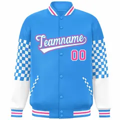 Powder Blue White-Pink Checkered Color Block Bomber Varsity Jacket 3