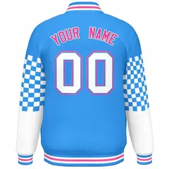 Powder Blue White-Pink Checkered Color Block Bomber Varsity Jacket 4
