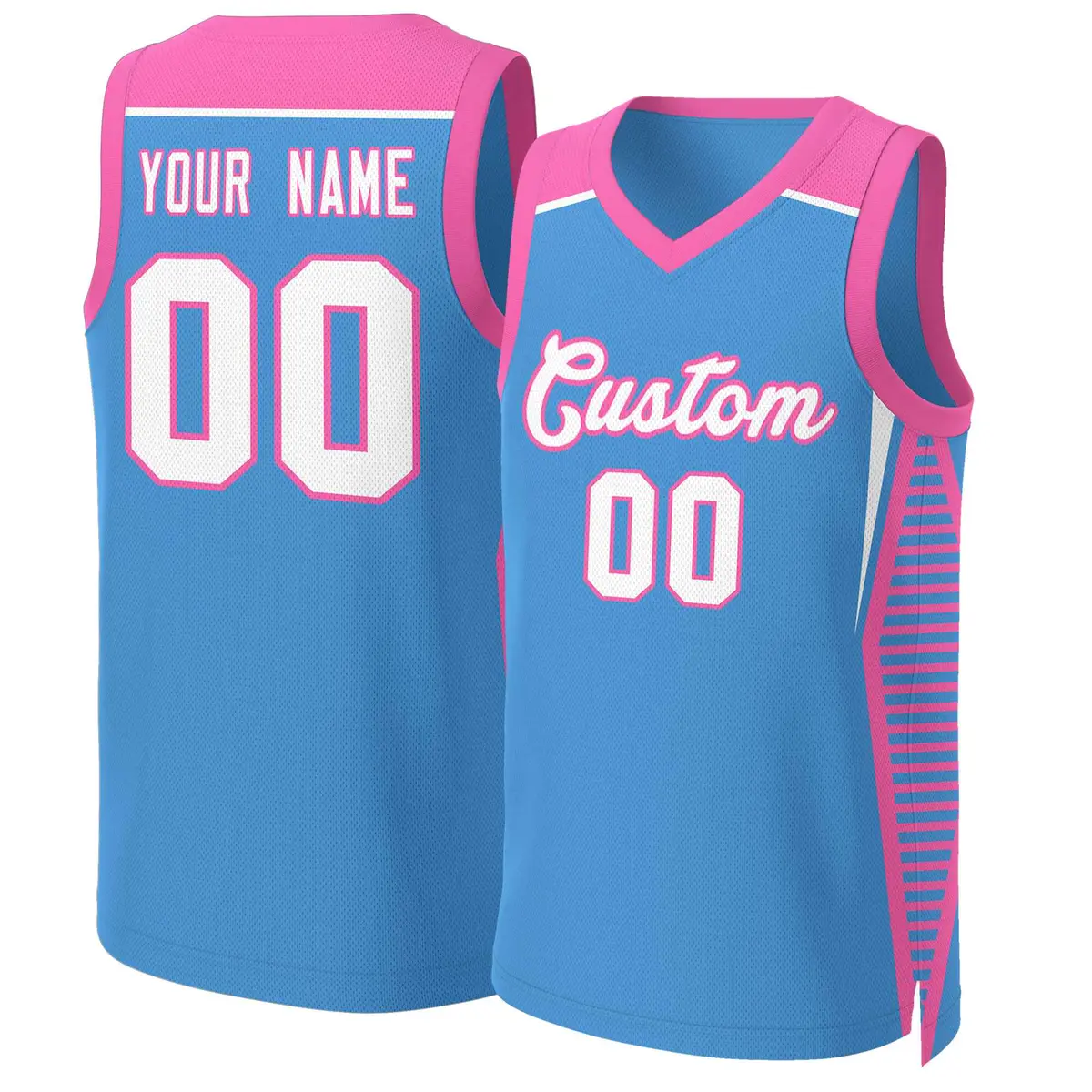 Powder Blue White-Pink Classic Mesh Basketball Jersey