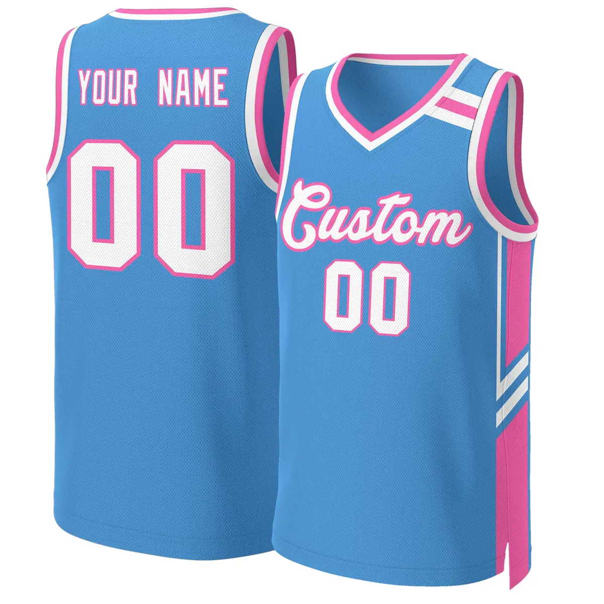 Powder Blue White Pink Classic Mesh Basketball Jersey