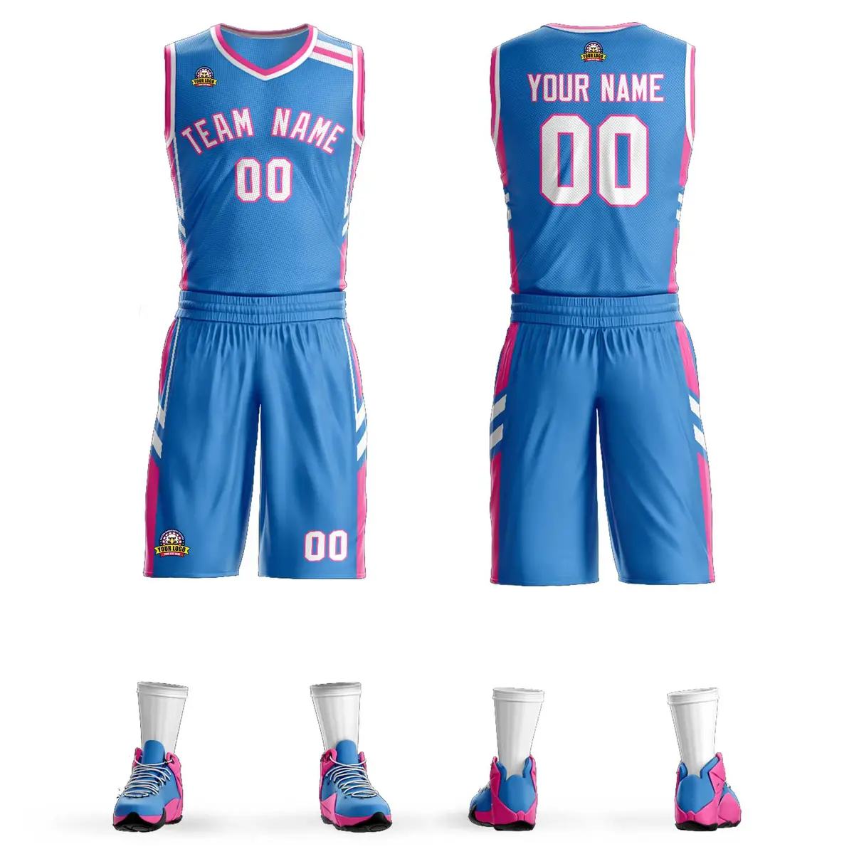 Powder Blue White Pink Classic Mesh Basketball Jersey Sets