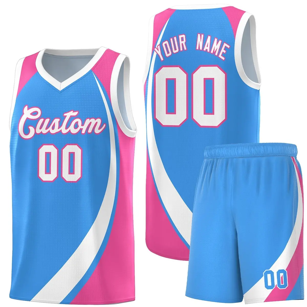 Powder Blue White-Pink Color Block Basketball Jersey
