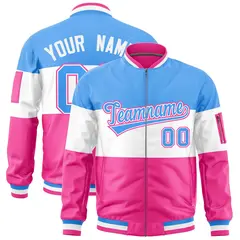 Powder Blue White-Pink Color Block Full-Zip Varsity Letterman Bomber Jacket 1