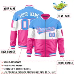 Powder Blue White-Pink Color Block Full-Zip Varsity Letterman Bomber Jacket 2