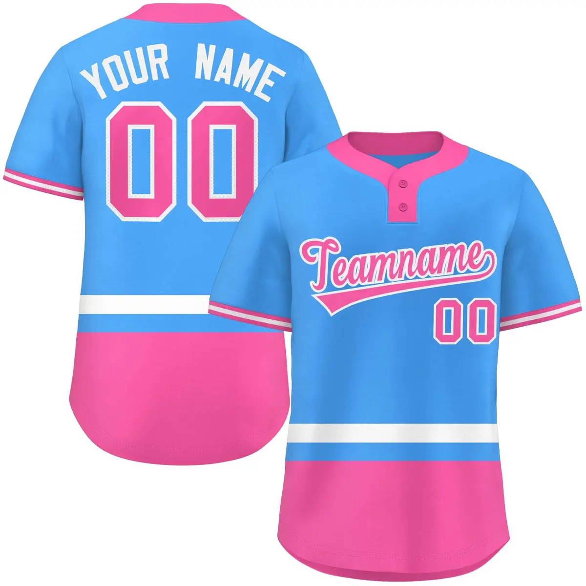 Powder Blue White-Pink Color Block Two-Button Softball Jersey