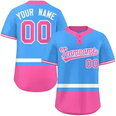 Powder Blue White-Pink Color Block Two-Button Softball Jersey