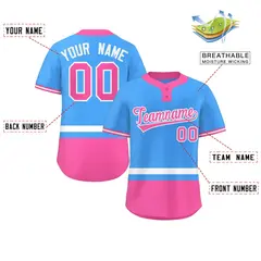 Powder Blue White-Pink Color Block Two-Button Softball Jersey 2