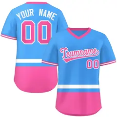 Powder Blue White-Pink Color Block V-Neck Baseball Jersey 1