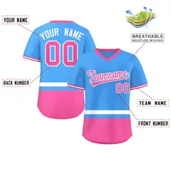 Powder Blue White-Pink Color Block V-Neck Baseball Jersey 2