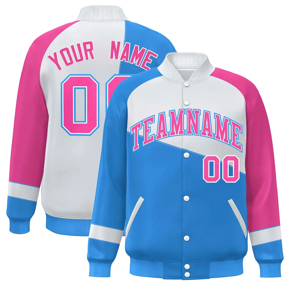 Powder Blue White-Pink Color Block Varsity Full-Snap Baseball Jacket