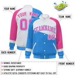 Powder Blue White-Pink Color Block Varsity Full-Snap Baseball Jacket 2
