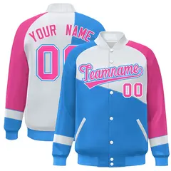 Powder Blue White-Pink Color Block Varsity Full-Snap Baseball Jacket 1