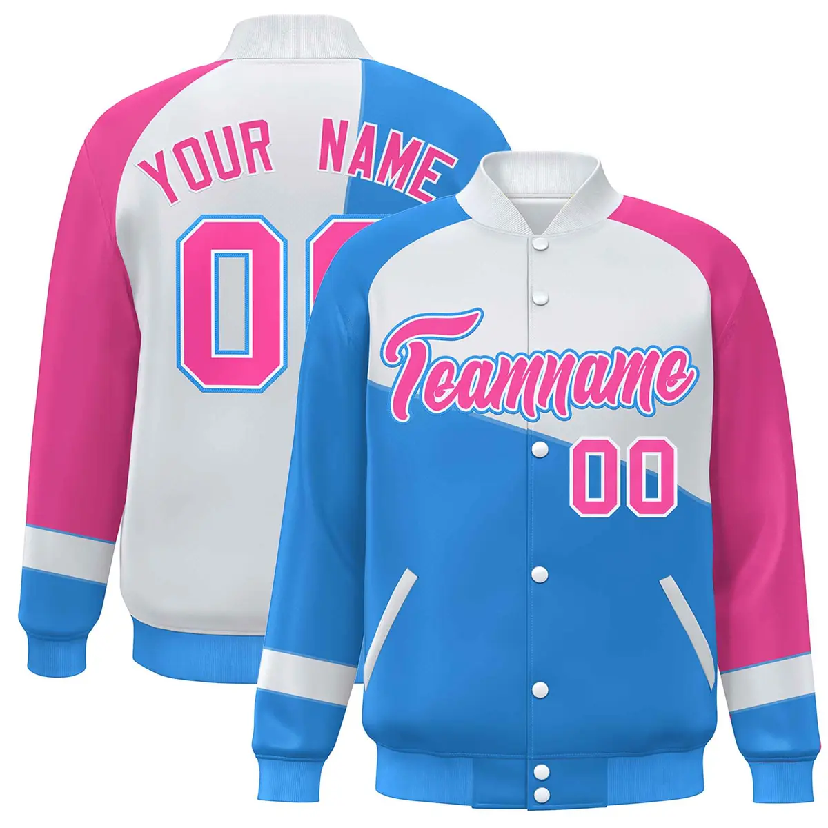 Powder Blue White-Pink Color Block Varsity Full-Snap Baseball Jacket