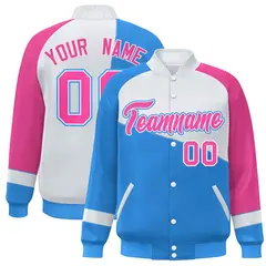 Powder Blue White-Pink Color Block Varsity Full-Snap Baseball Jacket