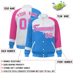 Powder Blue White-Pink Color Block Varsity Full-Snap Baseball Jacket 2