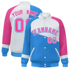 Powder Blue White-Pink Color Block Varsity Full-Snap Baseball Jacket
