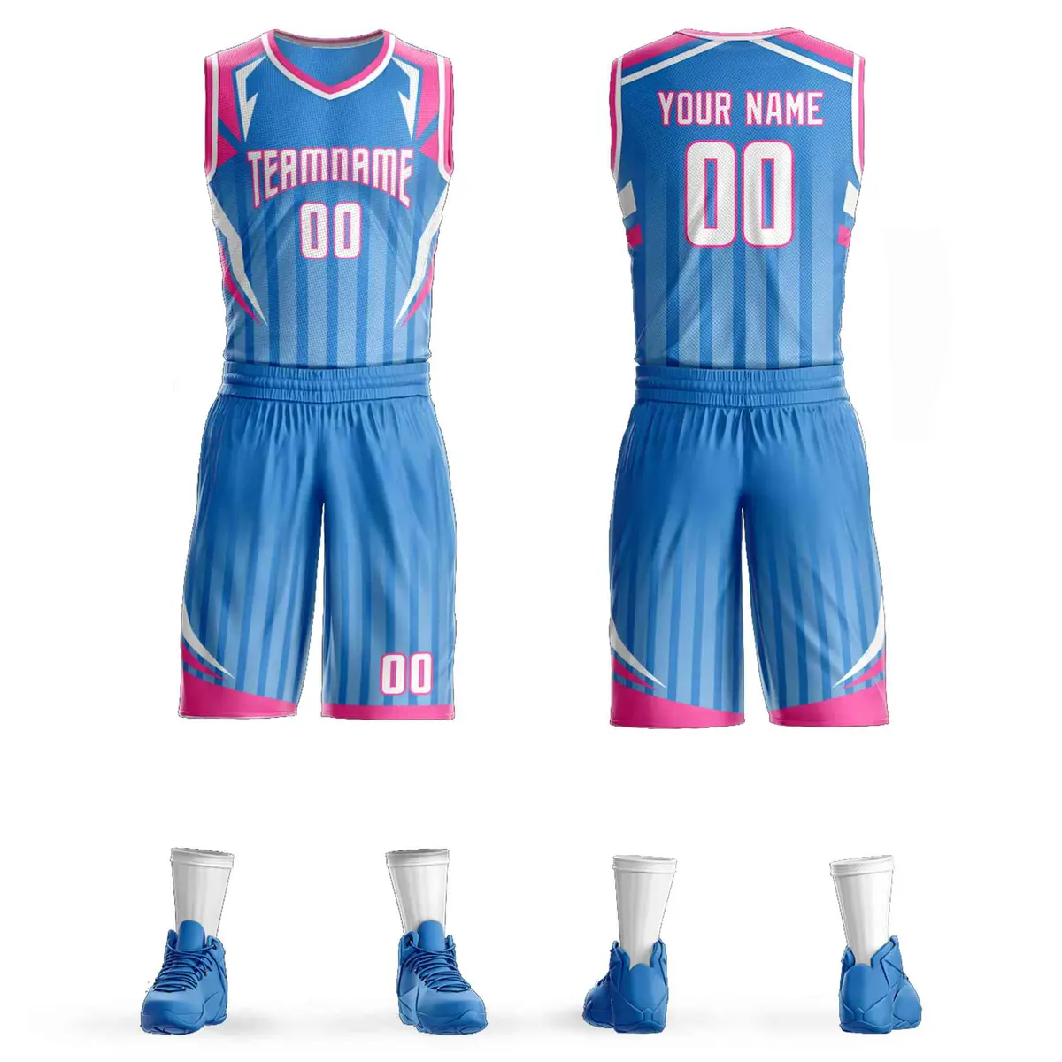Powder Blue White-Pink Graffiti Angular Element Basketball Jersey Set