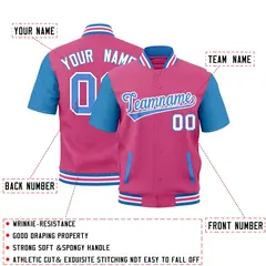 Powder Blue White Pink Short Sleeve Full-Snap Varsity Jacket 2