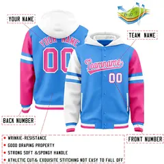 Powder Blue White-Pink Varsity Letterman Three Stripes Raglan Jacket Hoodie 4