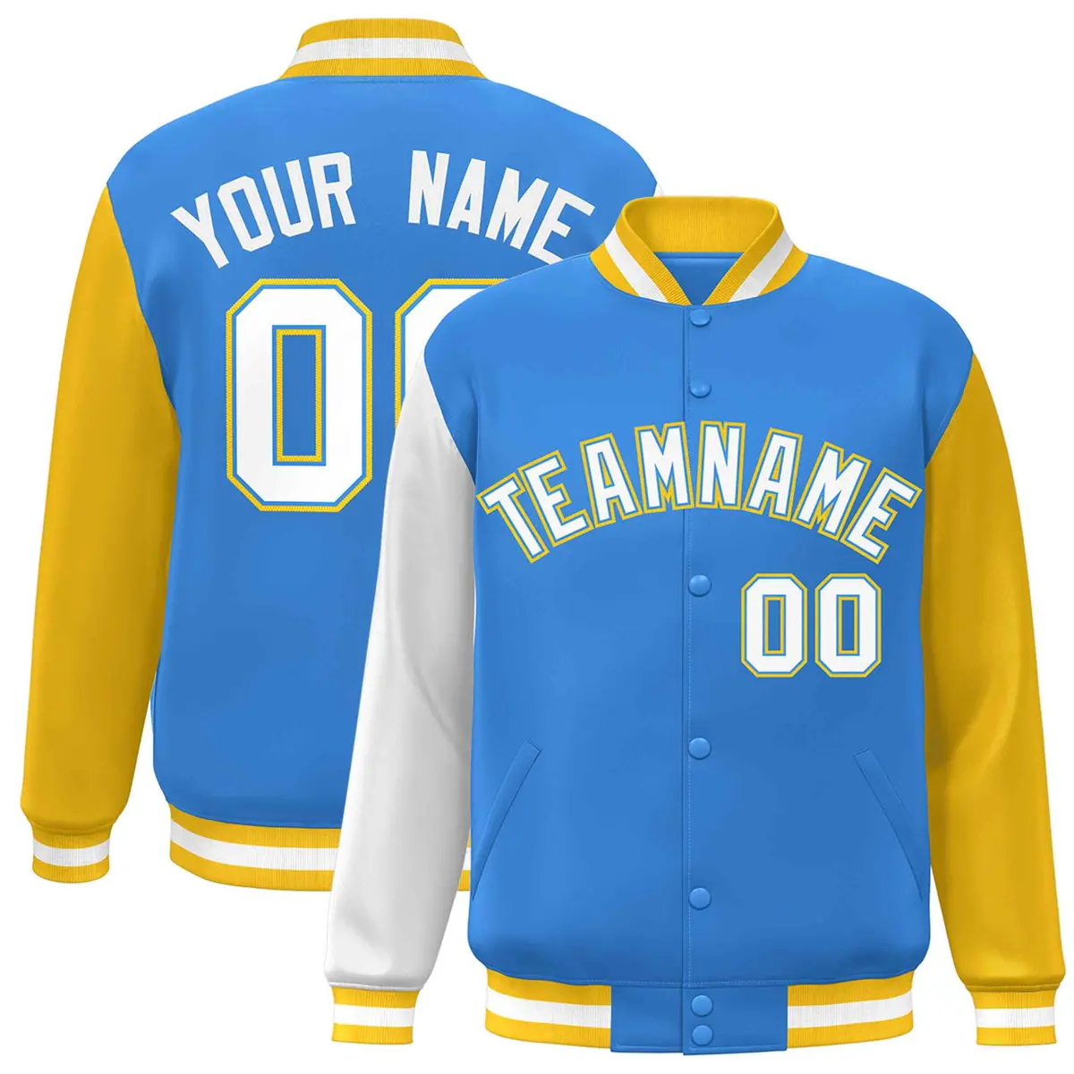 Powder Blue White-Powder Blue Raglan Varsity Full-Snap Letterman Jacket