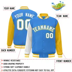 Powder Blue White-Powder Blue Raglan Varsity Full-Snap Letterman Jacket 2