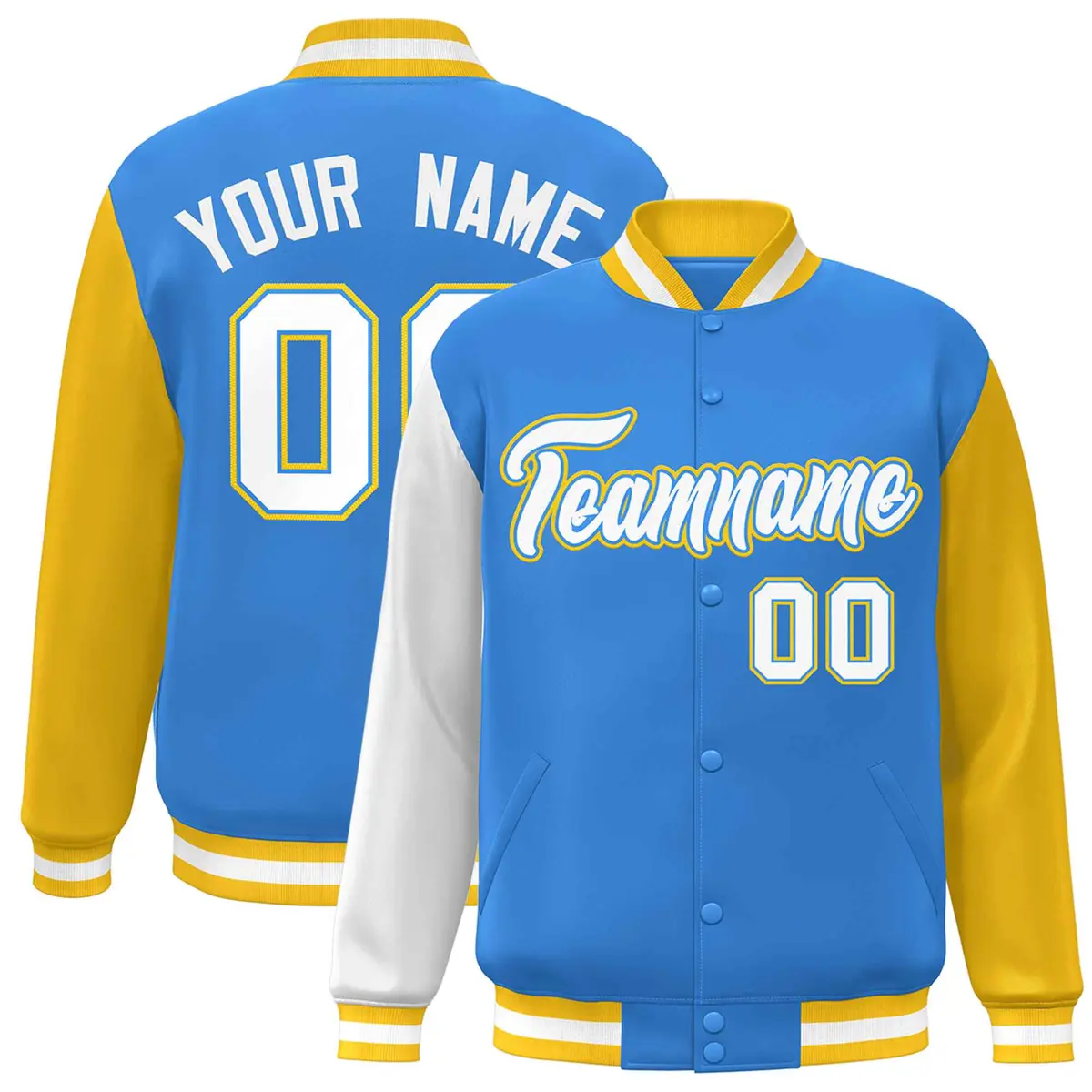 Powder Blue White-Powder Blue Raglan Varsity Full-Snap Letterman Jacket