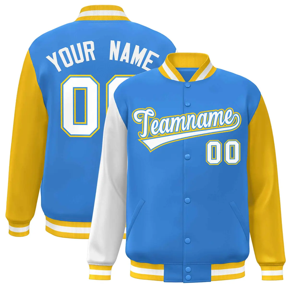 Powder Blue White-Powder Blue Raglan Varsity Full-Snap Letterman Jacket