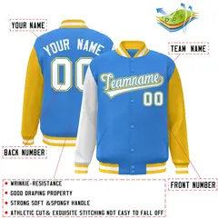 Powder Blue White-Powder Blue Raglan Varsity Full-Snap Letterman Jacket 2