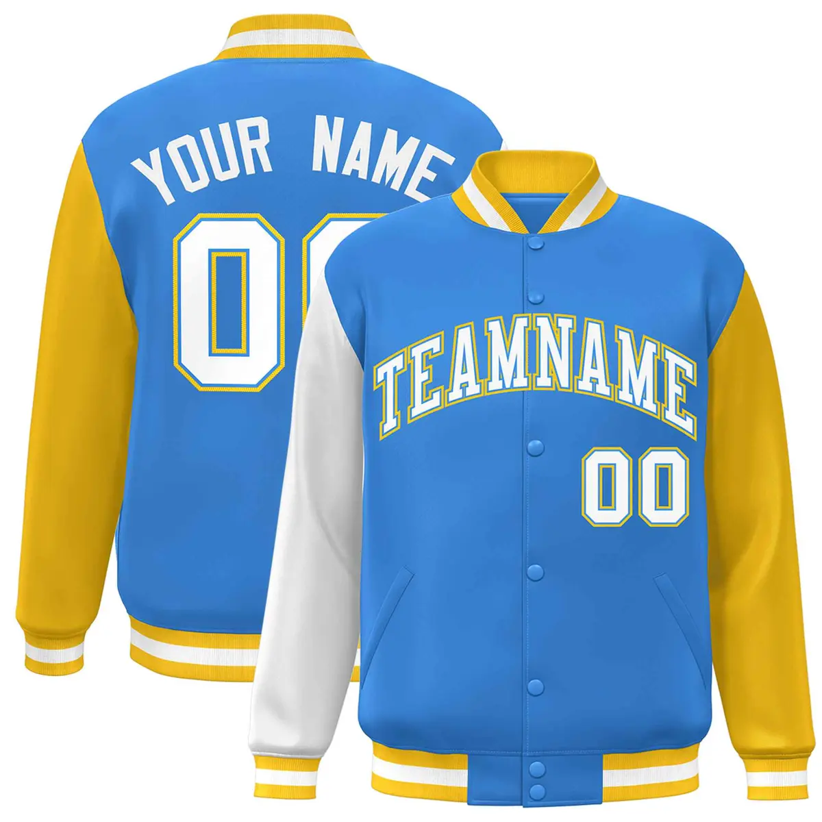 Powder Blue White-Powder Blue Raglan Varsity Full-Snap Letterman Jacket