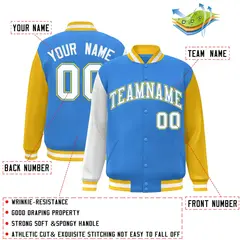 Powder Blue White-Powder Blue Raglan Varsity Full-Snap Letterman Jacket 2