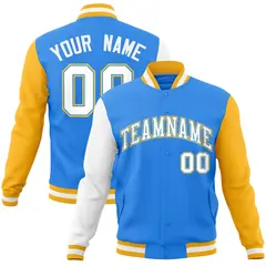 Powder Blue White-Powder Blue Raglan Varsity Full-Snap Letterman Jacket 1