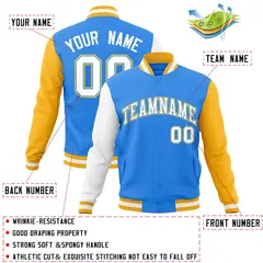 Powder Blue White-Powder Blue Raglan Varsity Full-Snap Letterman Jacket 4