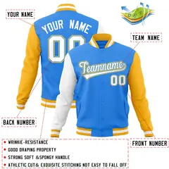 Powder Blue White-Powder Blue Raglan Varsity Full-Snap Letterman Jacket 4